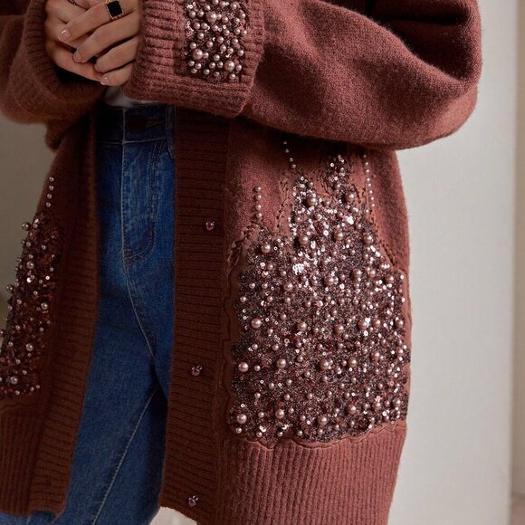 Coffee Brown Sequin and Faix Pearl detailed Women's Oversized sweater Cardigan - Picture 7 of 8